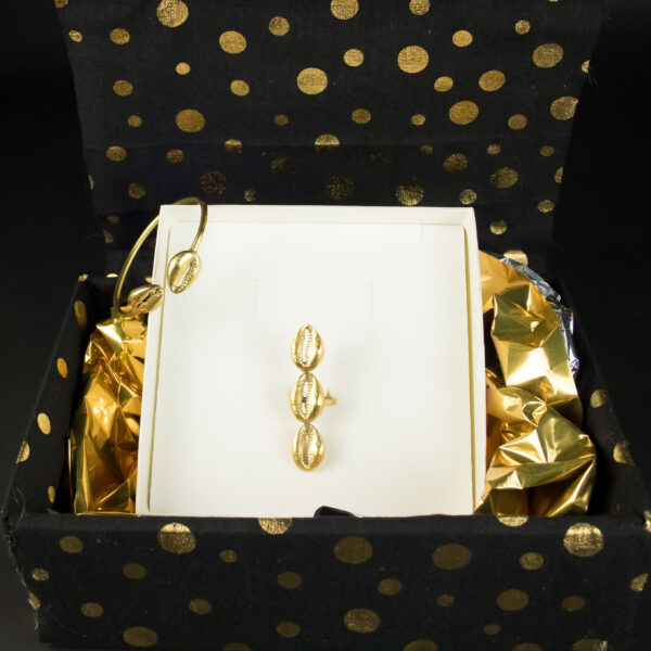 Coffret Bague et Bracelet - Cauris en bronze- Bague trio de cauris en vertical - Coffret Bronze Cauris Impériale